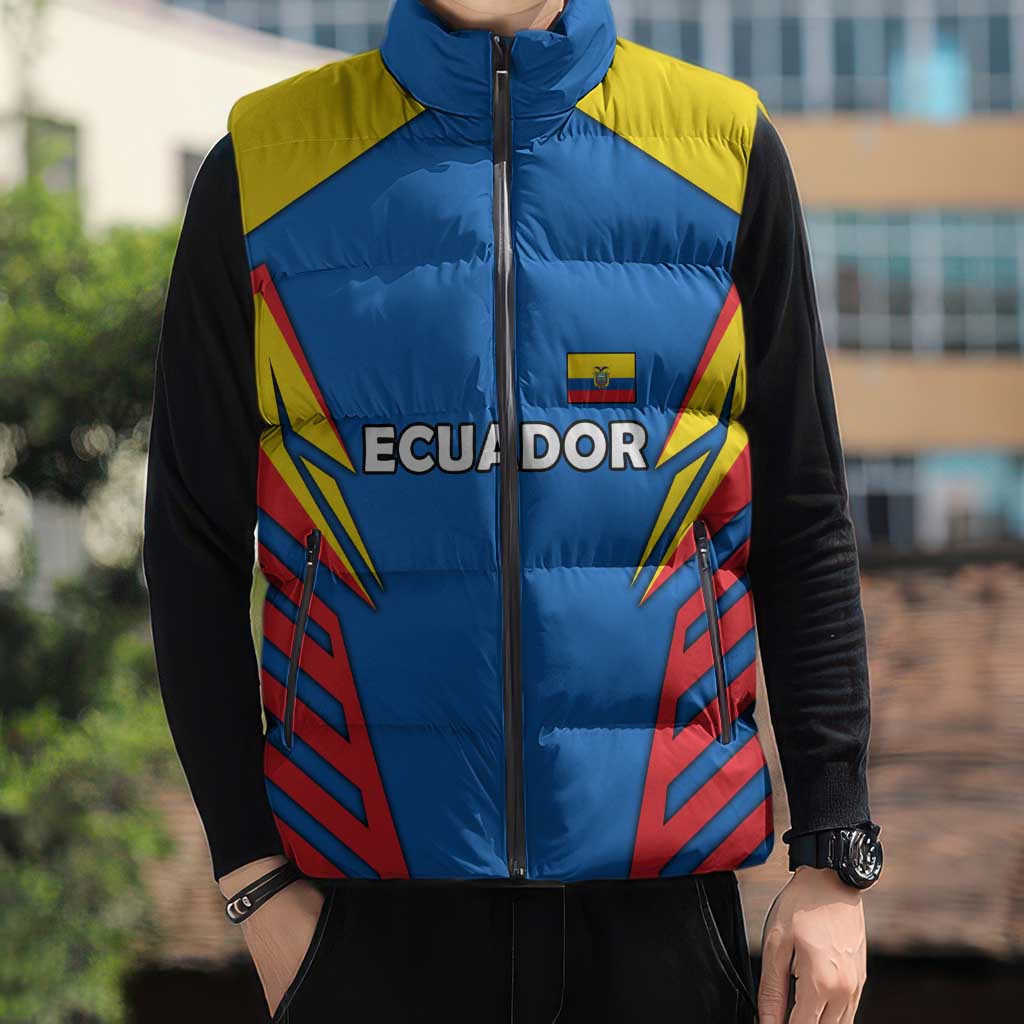 Ecuador Sleeveless Puffer Jacket with Coat of Arms and Bold Stripe Design - Wonder Print Shop