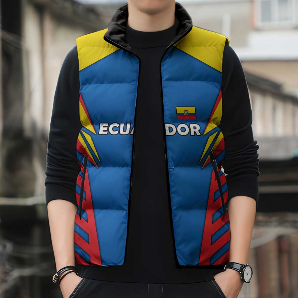 Ecuador Sleeveless Puffer Jacket with Coat of Arms and Bold Stripe Design - Wonder Print Shop