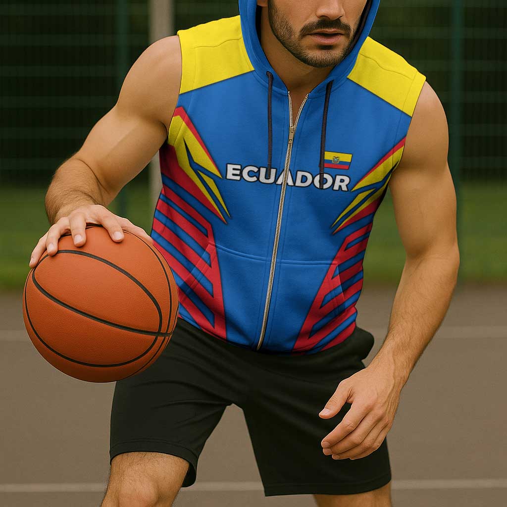 Ecuador Sleeveless Zip Hoodie with Coat of Arms and Bold Stripe Design - Wonder Print Shop
