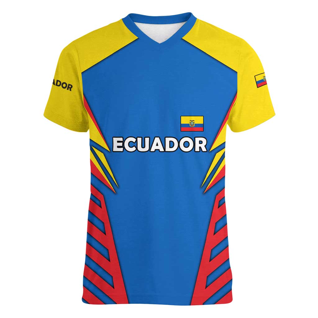 Ecuador Women V-Neck T-Shirt with Coat of Arms and Bold Stripe Design - Wonder Print Shop