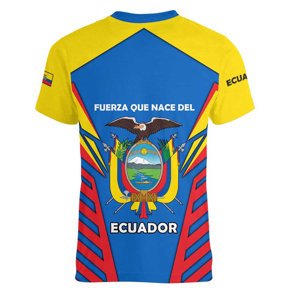 Ecuador Women V-Neck T-Shirt with Coat of Arms and Bold Stripe Design - Wonder Print Shop
