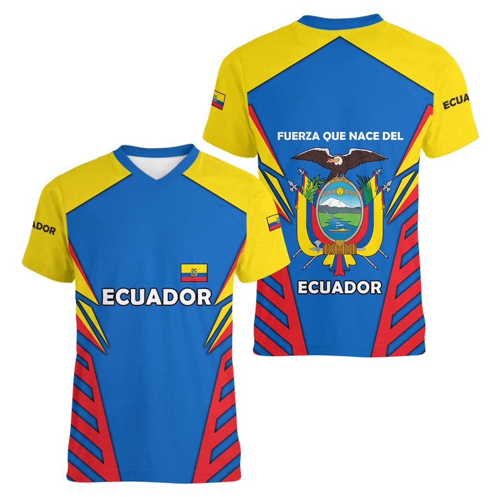 Ecuador Women V-Neck T-Shirt with Coat of Arms and Bold Stripe Design - Wonder Print Shop