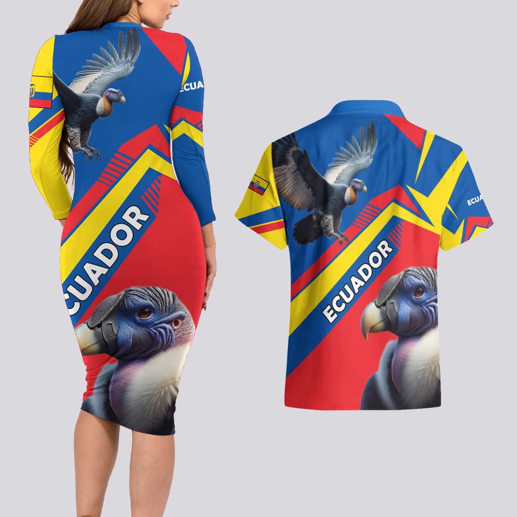 Ecuador Couples Matching Long Sleeve Bodycon Dress and Hawaiian Shirt with Andean Condor and Chevron Stripe Design - Wonder Print Shop