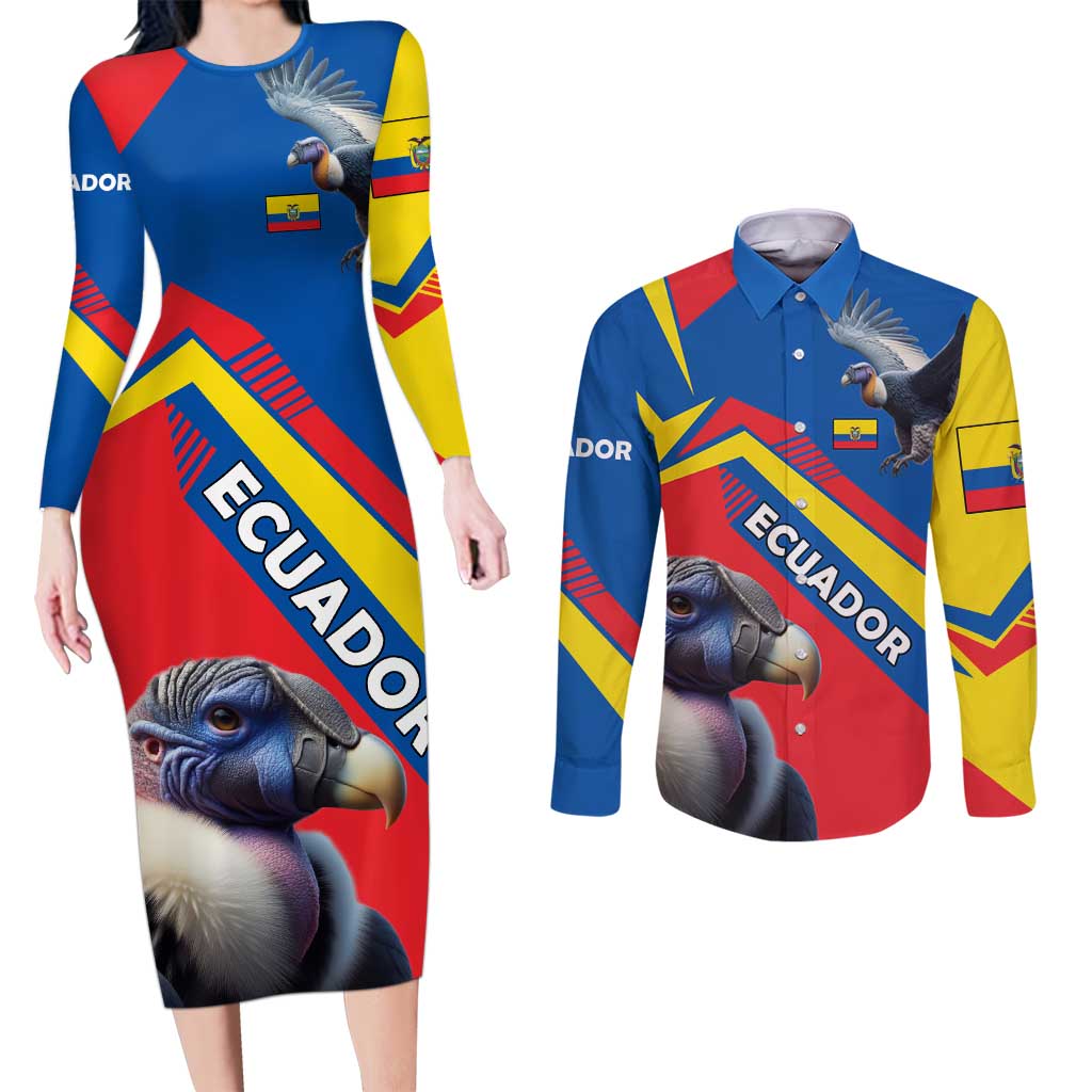 Ecuador Couples Matching Long Sleeve Bodycon Dress and Long Sleeve Button Shirt with Andean Condor and Chevron Stripe Design - Wonder Print Shop
