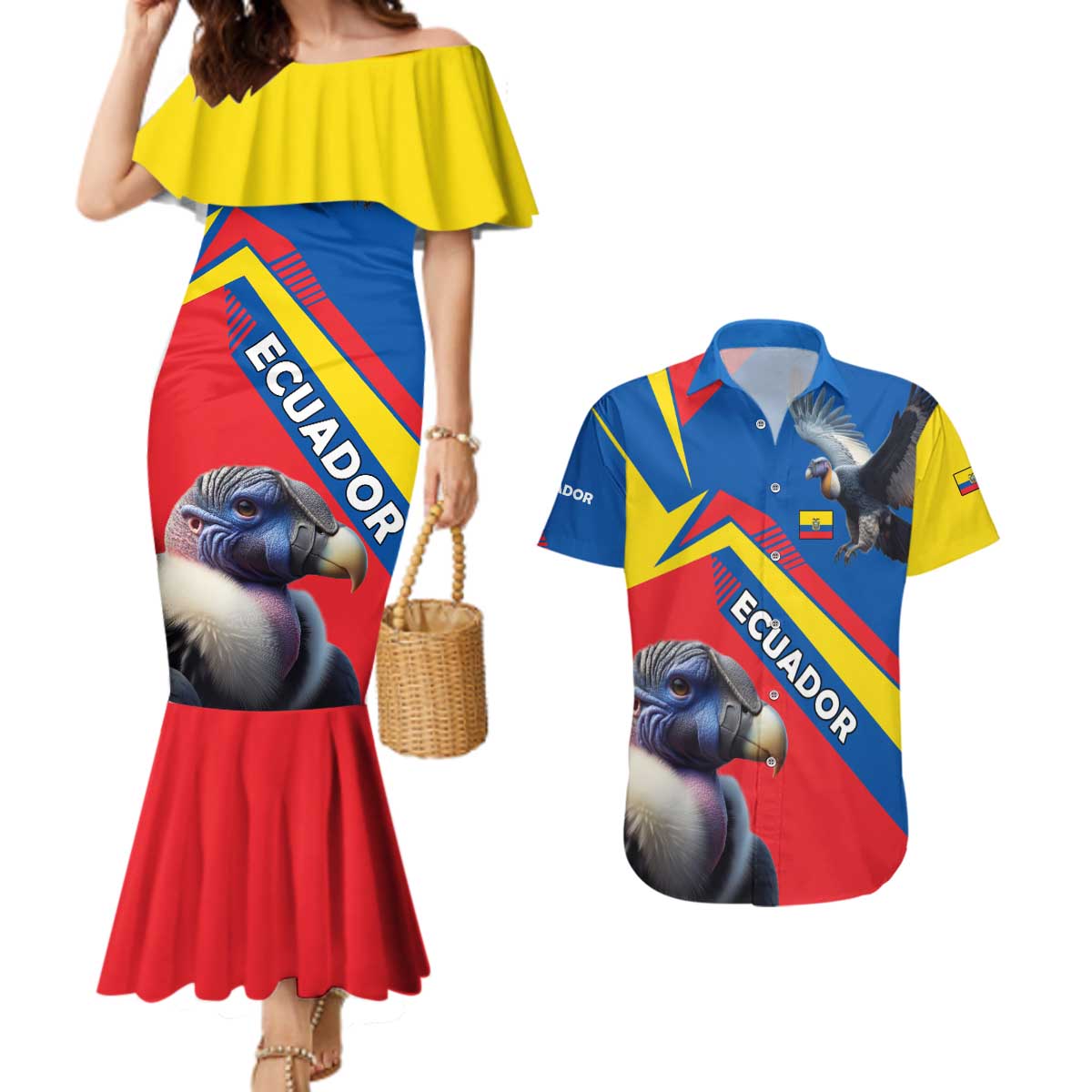Ecuador Couples Matching Mermaid Dress and Hawaiian Shirt with Andean Condor and Chevron Stripe Design - Wonder Print Shop