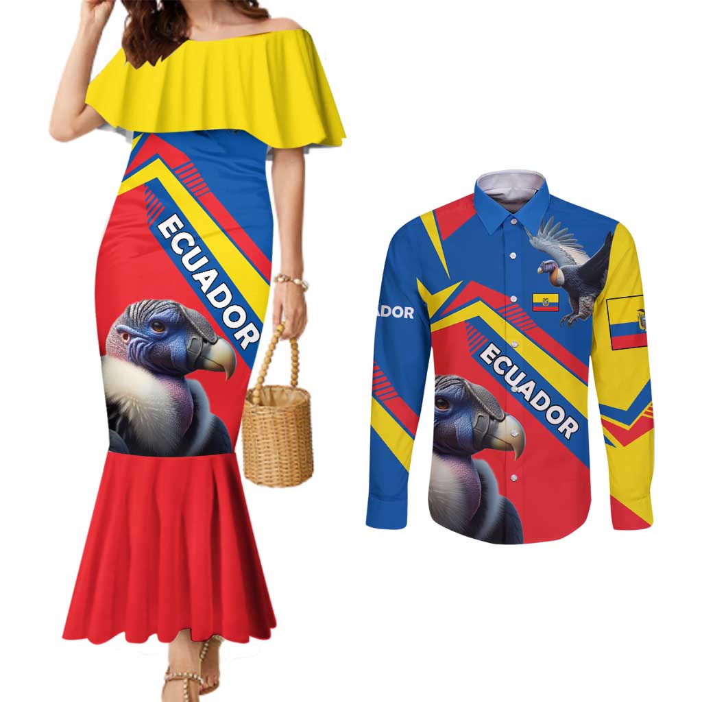 Ecuador Couples Matching Mermaid Dress and Long Sleeve Button Shirt with Andean Condor and Chevron Stripe Design - Wonder Print Shop