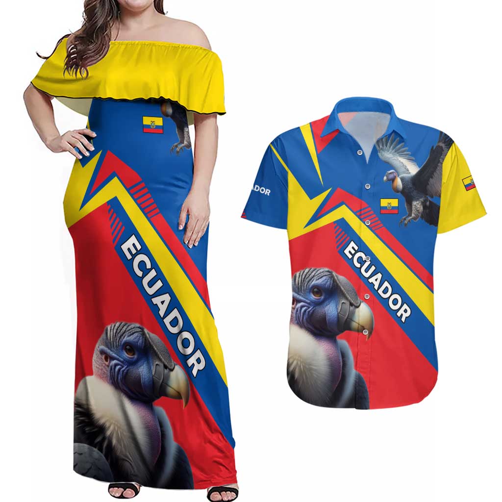 Ecuador Couples Matching Off Shoulder Maxi Dress and Hawaiian Shirt with Andean Condor and Chevron Stripe Design - Wonder Print Shop