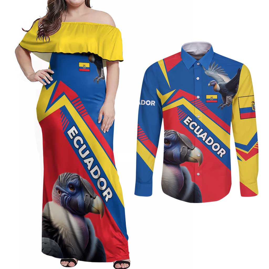 Ecuador Couples Matching Off Shoulder Maxi Dress and Long Sleeve Button Shirt with Andean Condor and Chevron Stripe Design - Wonder Print Shop