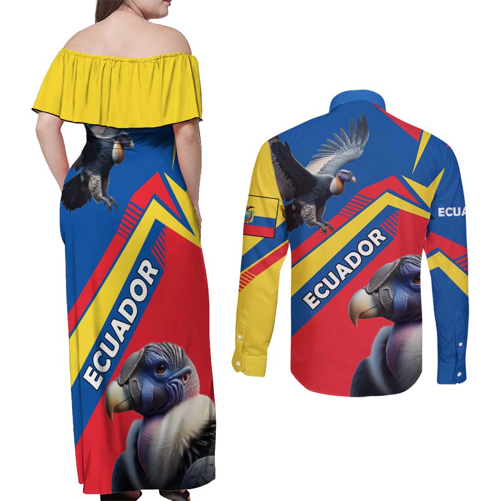 Ecuador Couples Matching Off Shoulder Maxi Dress and Long Sleeve Button Shirt with Andean Condor and Chevron Stripe Design - Wonder Print Shop