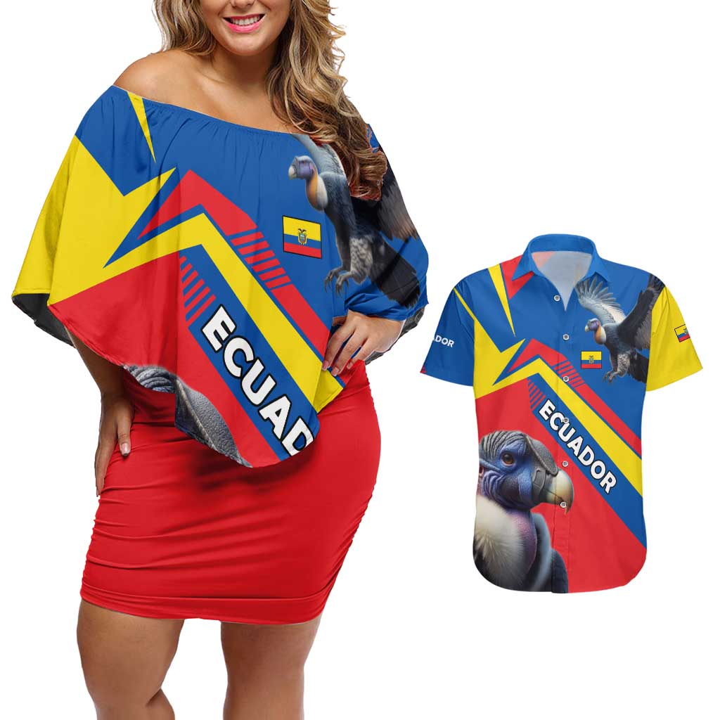 Ecuador Couples Matching Off Shoulder Short Dress and Hawaiian Shirt with Andean Condor and Chevron Stripe Design - Wonder Print Shop