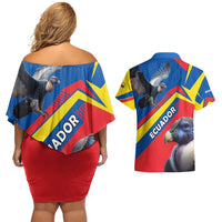 Ecuador Couples Matching Off Shoulder Short Dress and Hawaiian Shirt with Andean Condor and Chevron Stripe Design - Wonder Print Shop