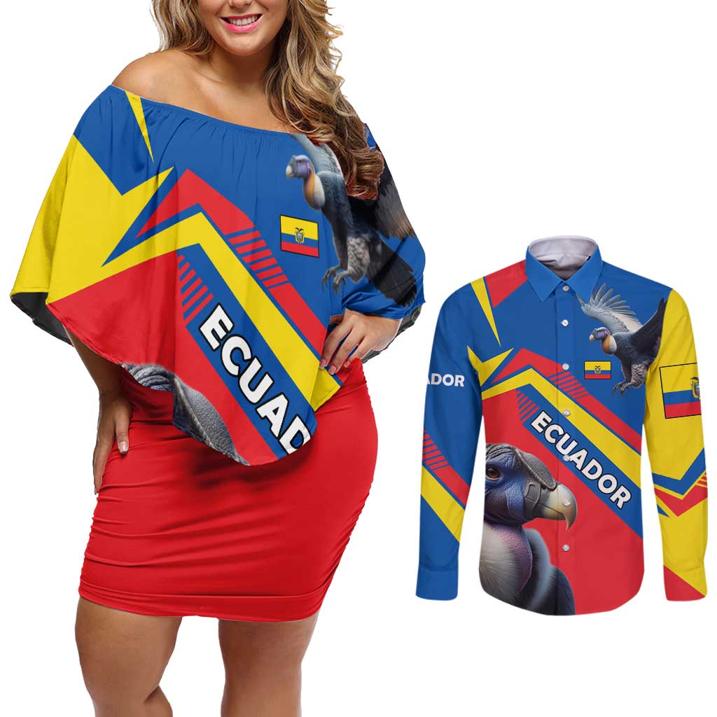 Ecuador Couples Matching Off Shoulder Short Dress and Long Sleeve Button Shirt with Andean Condor and Chevron Stripe Design - Wonder Print Shop