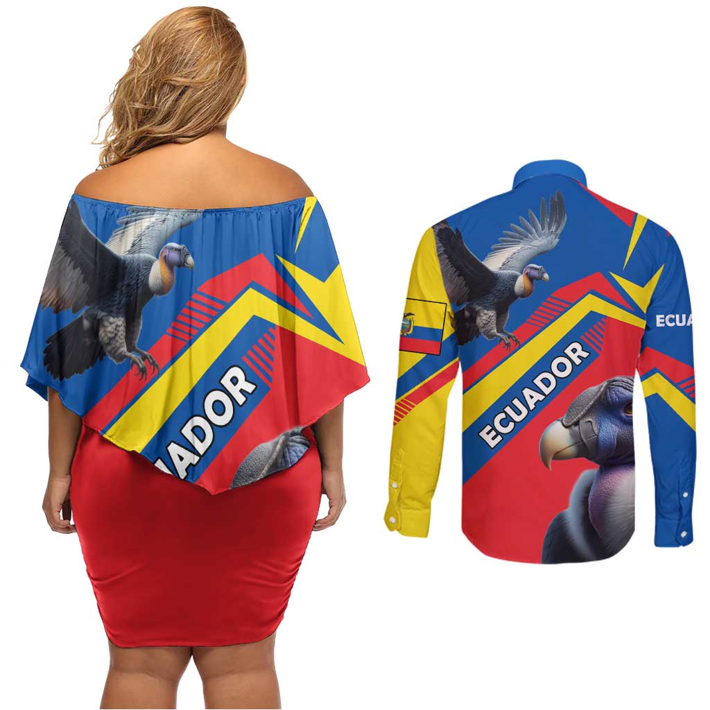 Ecuador Couples Matching Off Shoulder Short Dress and Long Sleeve Button Shirt with Andean Condor and Chevron Stripe Design - Wonder Print Shop