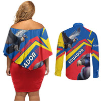Ecuador Couples Matching Off Shoulder Short Dress and Long Sleeve Button Shirt with Andean Condor and Chevron Stripe Design - Wonder Print Shop