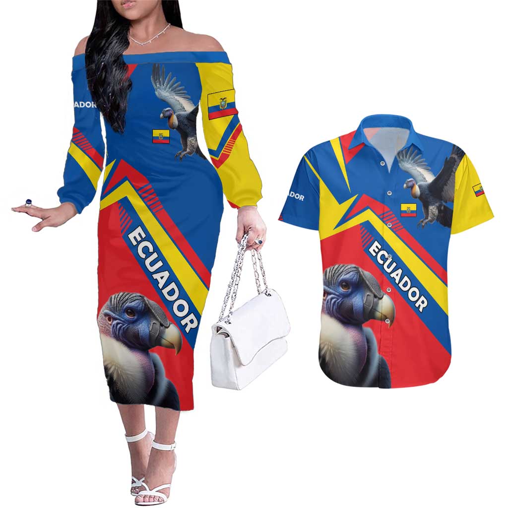 Ecuador Couples Matching Off The Shoulder Long Sleeve Dress and Hawaiian Shirt with Andean Condor and Chevron Stripe Design - Wonder Print Shop
