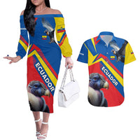 Ecuador Couples Matching Off The Shoulder Long Sleeve Dress and Hawaiian Shirt with Andean Condor and Chevron Stripe Design - Wonder Print Shop
