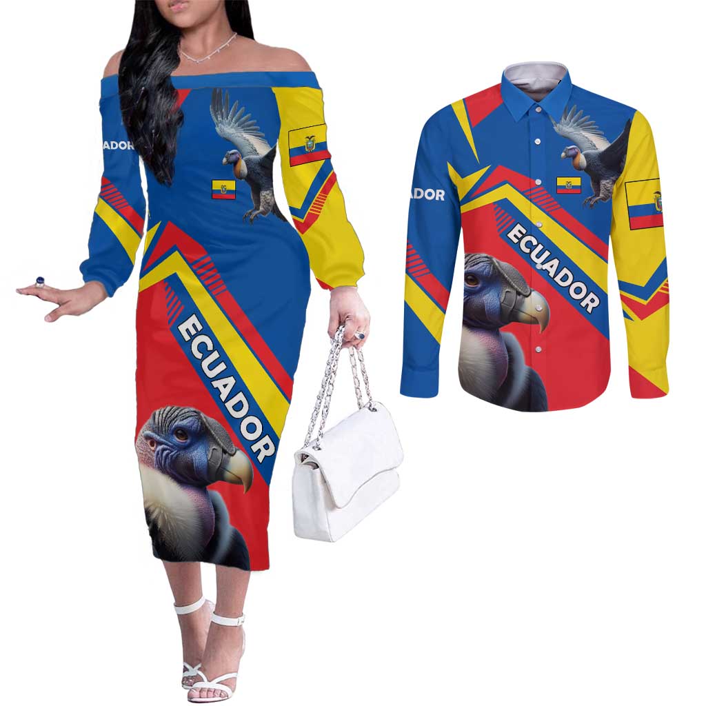 Ecuador Couples Matching Off The Shoulder Long Sleeve Dress and Long Sleeve Button Shirt with Andean Condor and Chevron Stripe Design - Wonder Print Shop