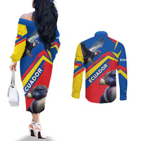 Ecuador Couples Matching Off The Shoulder Long Sleeve Dress and Long Sleeve Button Shirt with Andean Condor and Chevron Stripe Design - Wonder Print Shop