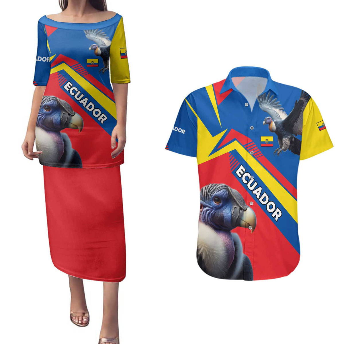Ecuador Couples Matching Puletasi and Hawaiian Shirt with Andean Condor and Chevron Stripe Design - Wonder Print Shop