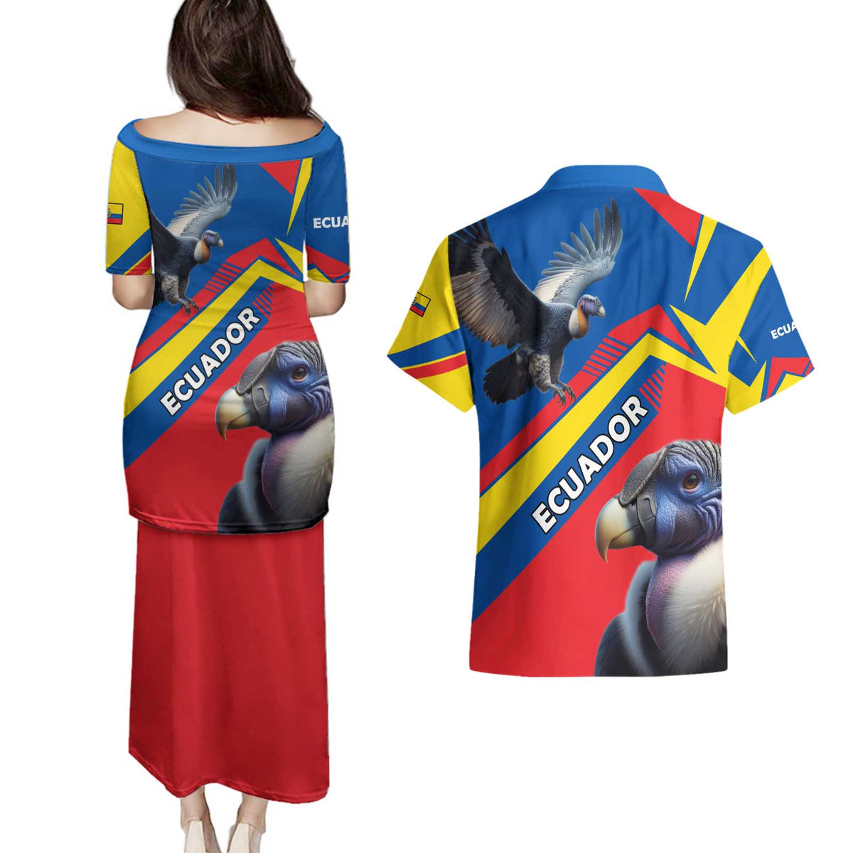 Ecuador Couples Matching Puletasi and Hawaiian Shirt with Andean Condor and Chevron Stripe Design - Wonder Print Shop