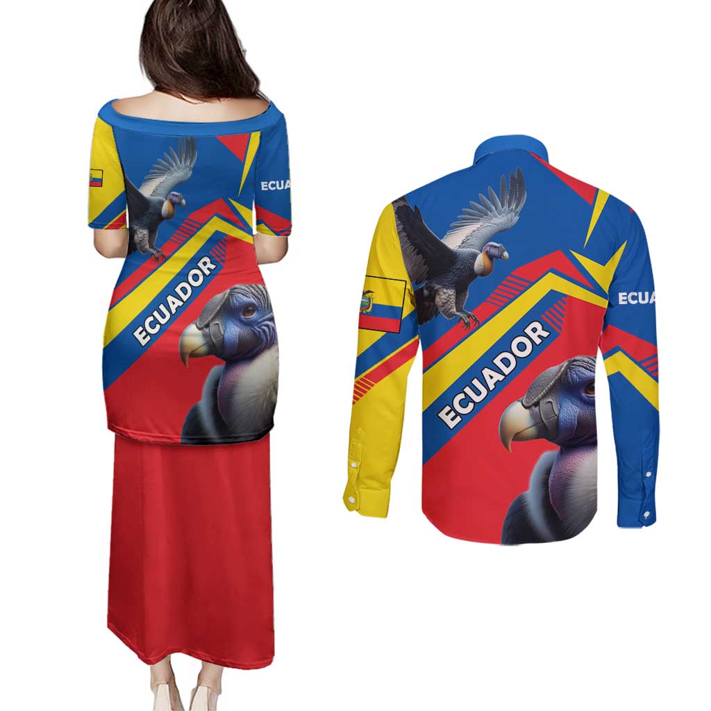Ecuador Couples Matching Puletasi and Long Sleeve Button Shirt with Andean Condor and Chevron Stripe Design - Wonder Print Shop