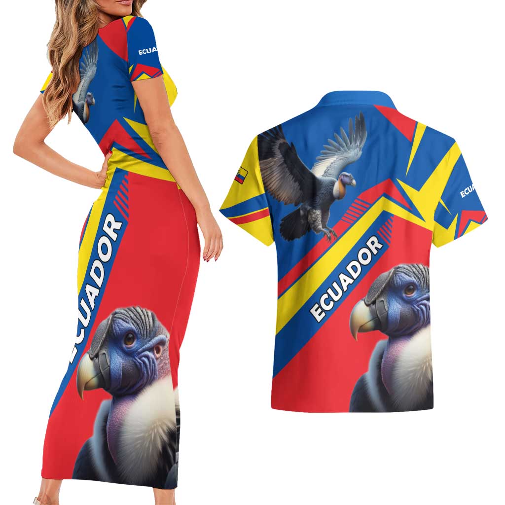 Ecuador Couples Matching Short Sleeve Bodycon Dress and Hawaiian Shirt with Andean Condor and Chevron Stripe Design - Wonder Print Shop
