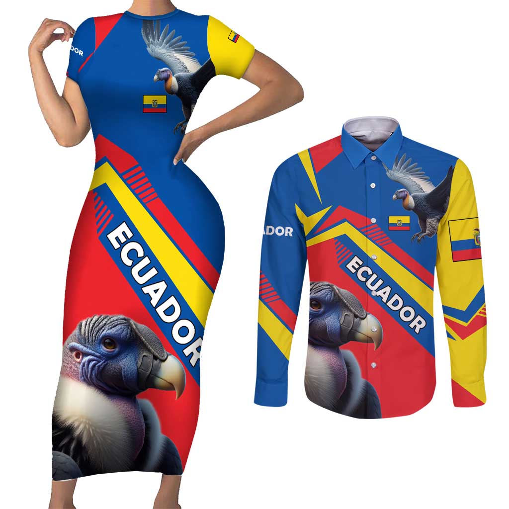 Ecuador Couples Matching Short Sleeve Bodycon Dress and Long Sleeve Button Shirt with Andean Condor and Chevron Stripe Design - Wonder Print Shop