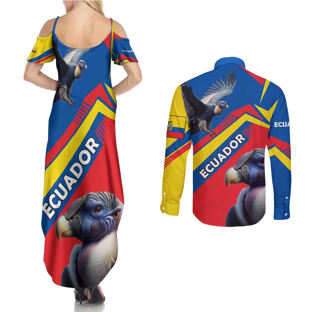 Ecuador Couples Matching Summer Maxi Dress and Long Sleeve Button Shirt with Andean Condor and Chevron Stripe Design - Wonder Print Shop