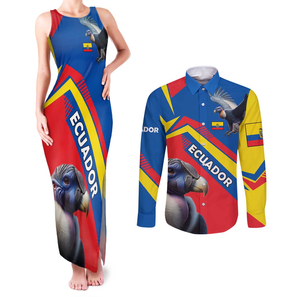 Ecuador Couples Matching Tank Maxi Dress and Long Sleeve Button Shirt with Andean Condor and Chevron Stripe Design - Wonder Print Shop