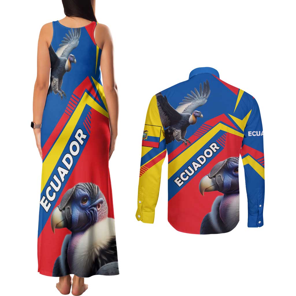 Ecuador Couples Matching Tank Maxi Dress and Long Sleeve Button Shirt with Andean Condor and Chevron Stripe Design - Wonder Print Shop