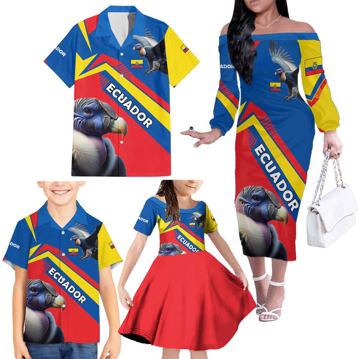 Ecuador Family Matching Off The Shoulder Long Sleeve Dress and Hawaiian Shirt with Andean Condor and Chevron Stripe Design - Wonder Print Shop