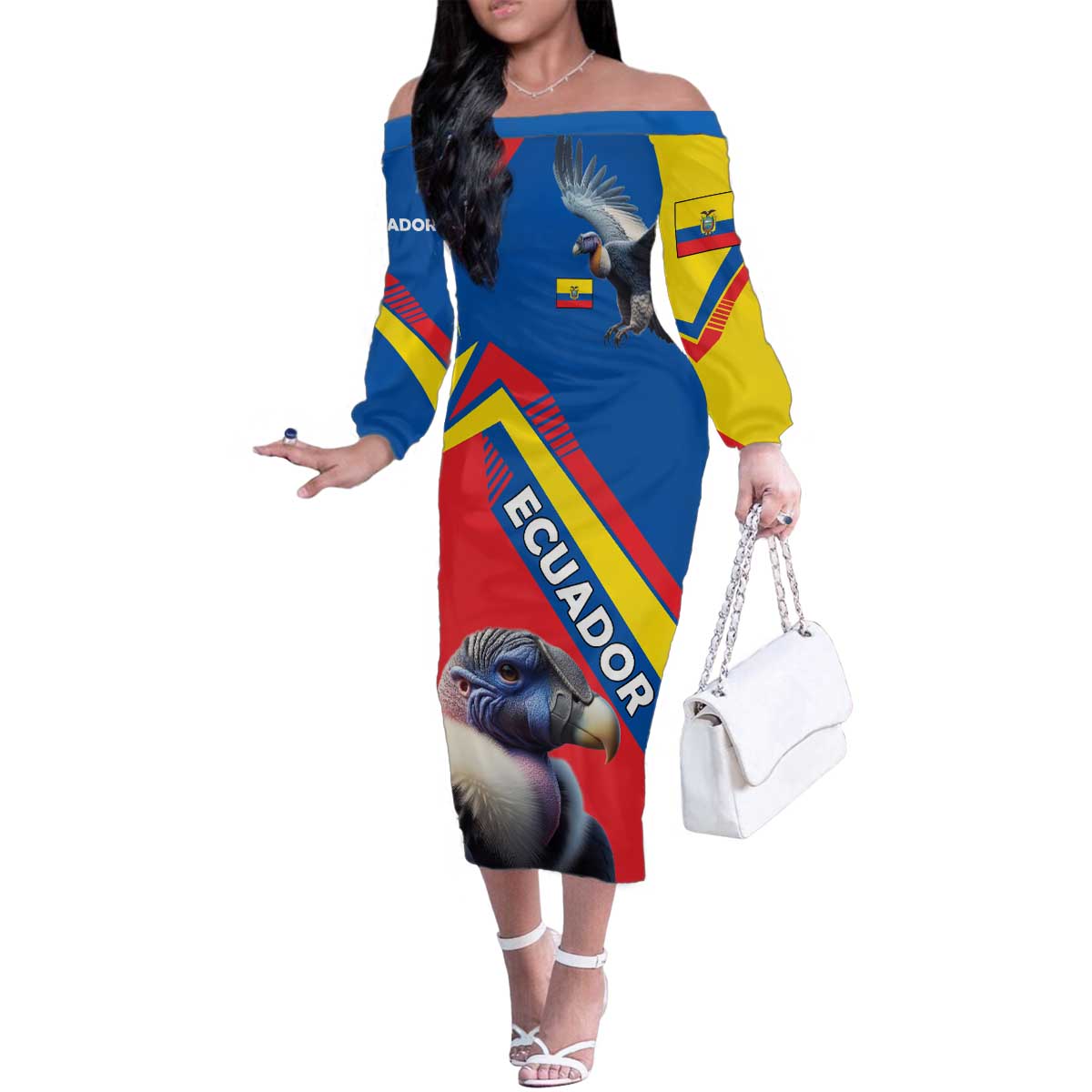 Ecuador Family Matching Off The Shoulder Long Sleeve Dress and Hawaiian Shirt with Andean Condor and Chevron Stripe Design - Wonder Print Shop