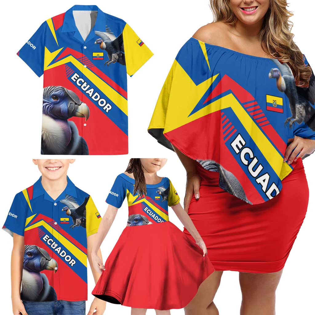 Ecuador Family Matching Off Shoulder Short Dress and Hawaiian Shirt with Andean Condor and Chevron Stripe Design - Wonder Print Shop