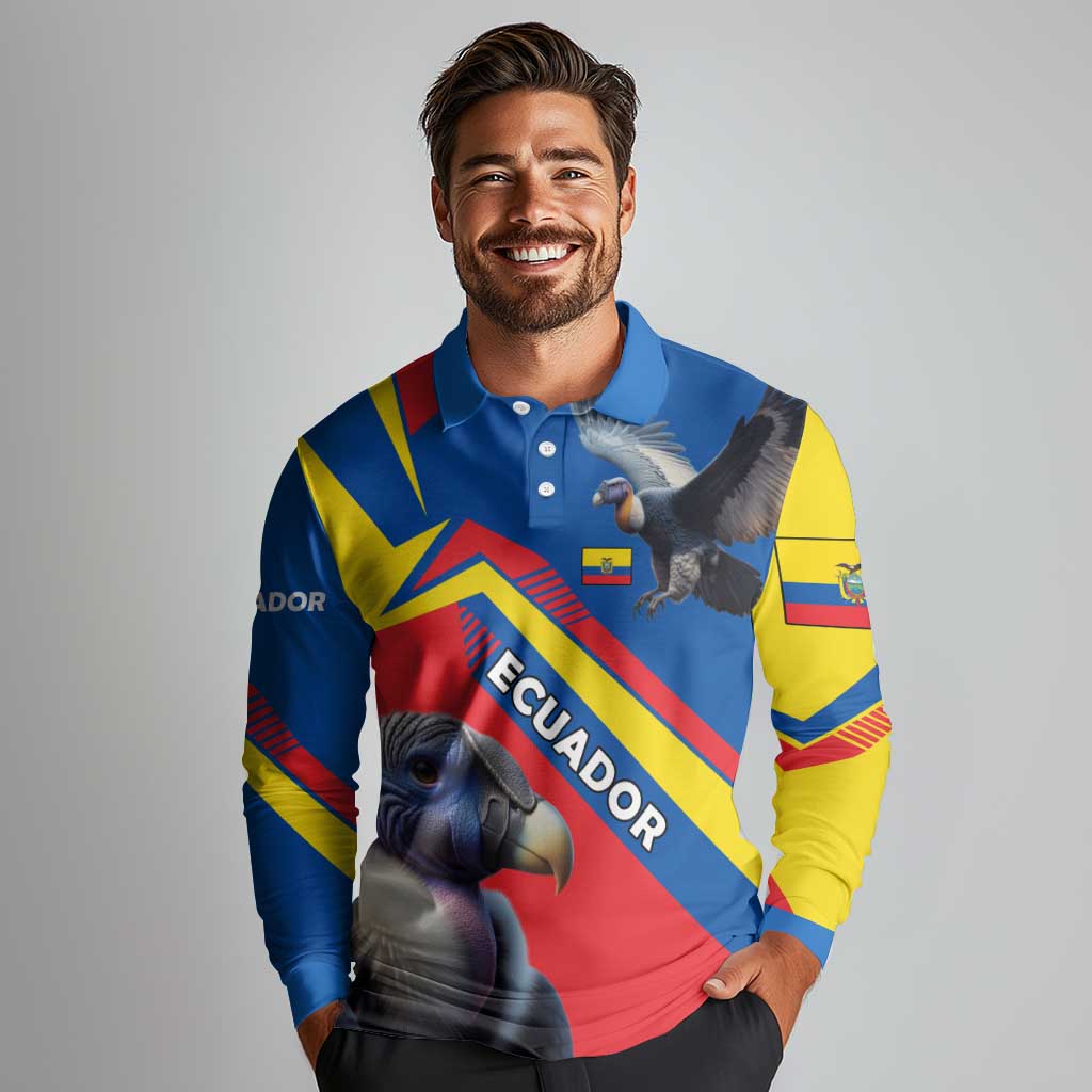 Ecuador Long Sleeve Polo Shirt with Andean Condor and Chevron Stripe Design - Wonder Print Shop