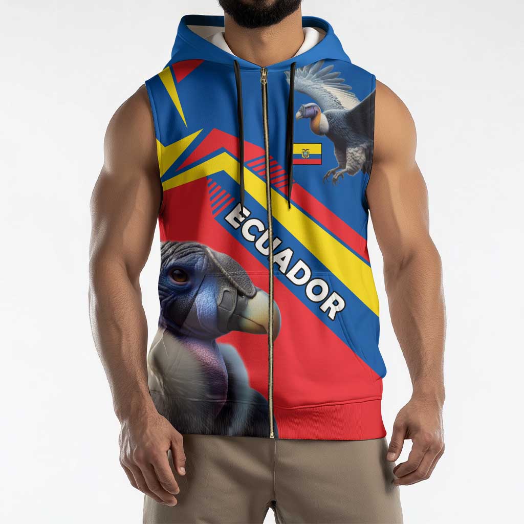 Ecuador Sleeveless Zip Hoodie with Andean Condor and Chevron Stripe Design - Wonder Print Shop