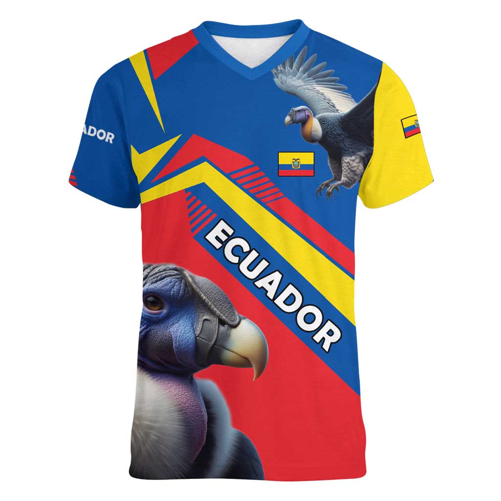 Ecuador Women V-Neck T-Shirt with Andean Condor and Chevron Stripe Design - Wonder Print Shop