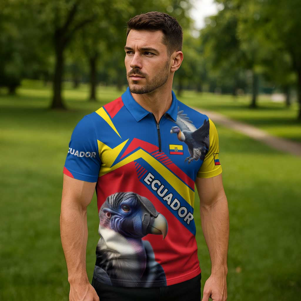 Ecuador Zipper Polo Shirt with Andean Condor and Chevron Stripe Design - Wonder Print Shop