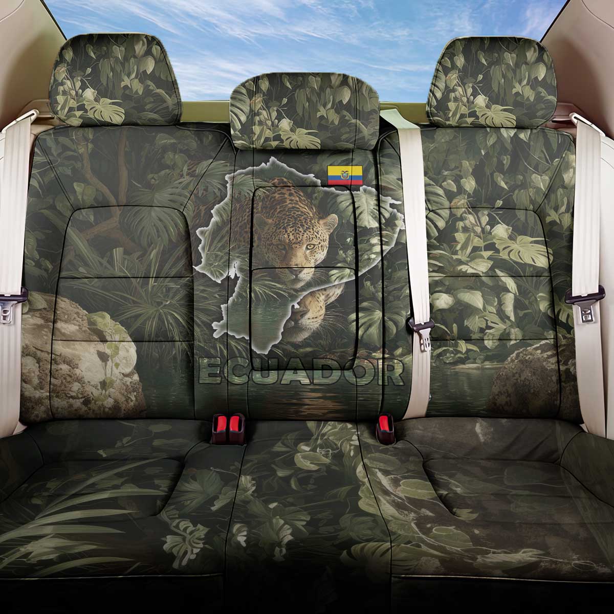 Ecuador Back Car Seat Cover with Jaguar Rainforest Map Design - Wonder Print Shop