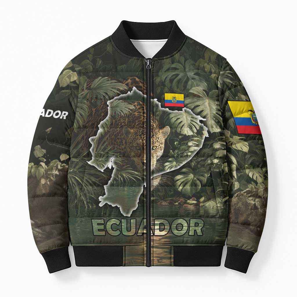 Ecuador Bomber Puffer Jacket with Jaguar Rainforest Map Design - Wonder Print Shop