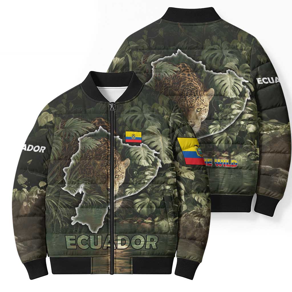 Ecuador Bomber Puffer Jacket with Jaguar Rainforest Map Design - Wonder Print Shop