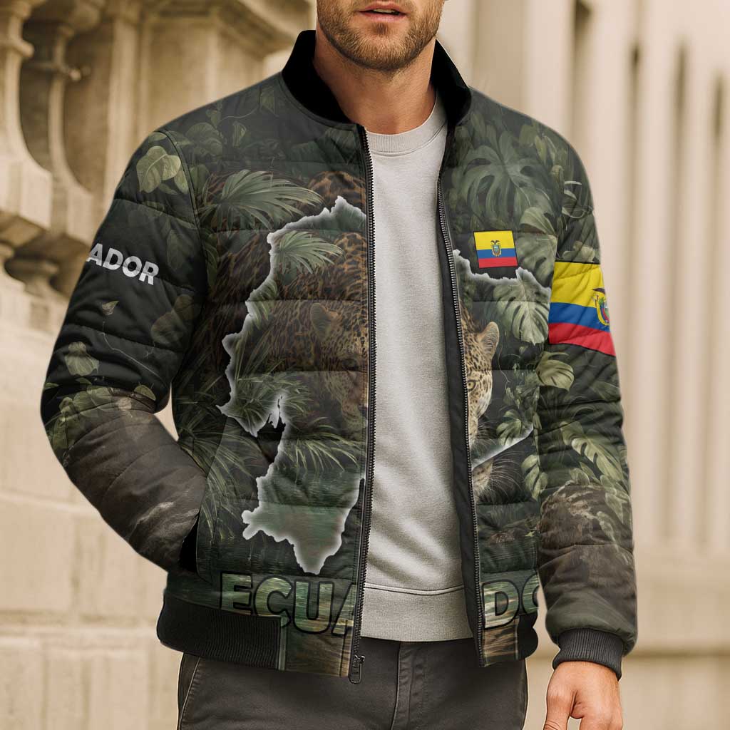 Ecuador Bomber Puffer Jacket with Jaguar Rainforest Map Design - Wonder Print Shop