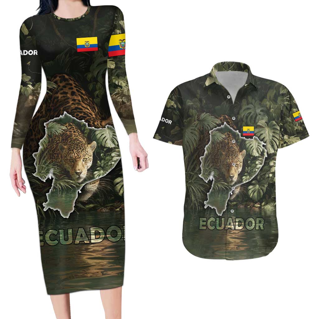 Ecuador Couples Matching Long Sleeve Bodycon Dress and Hawaiian Shirt with Jaguar Rainforest Map Design - Wonder Print Shop