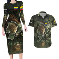 Ecuador Couples Matching Long Sleeve Bodycon Dress and Hawaiian Shirt with Jaguar Rainforest Map Design - Wonder Print Shop
