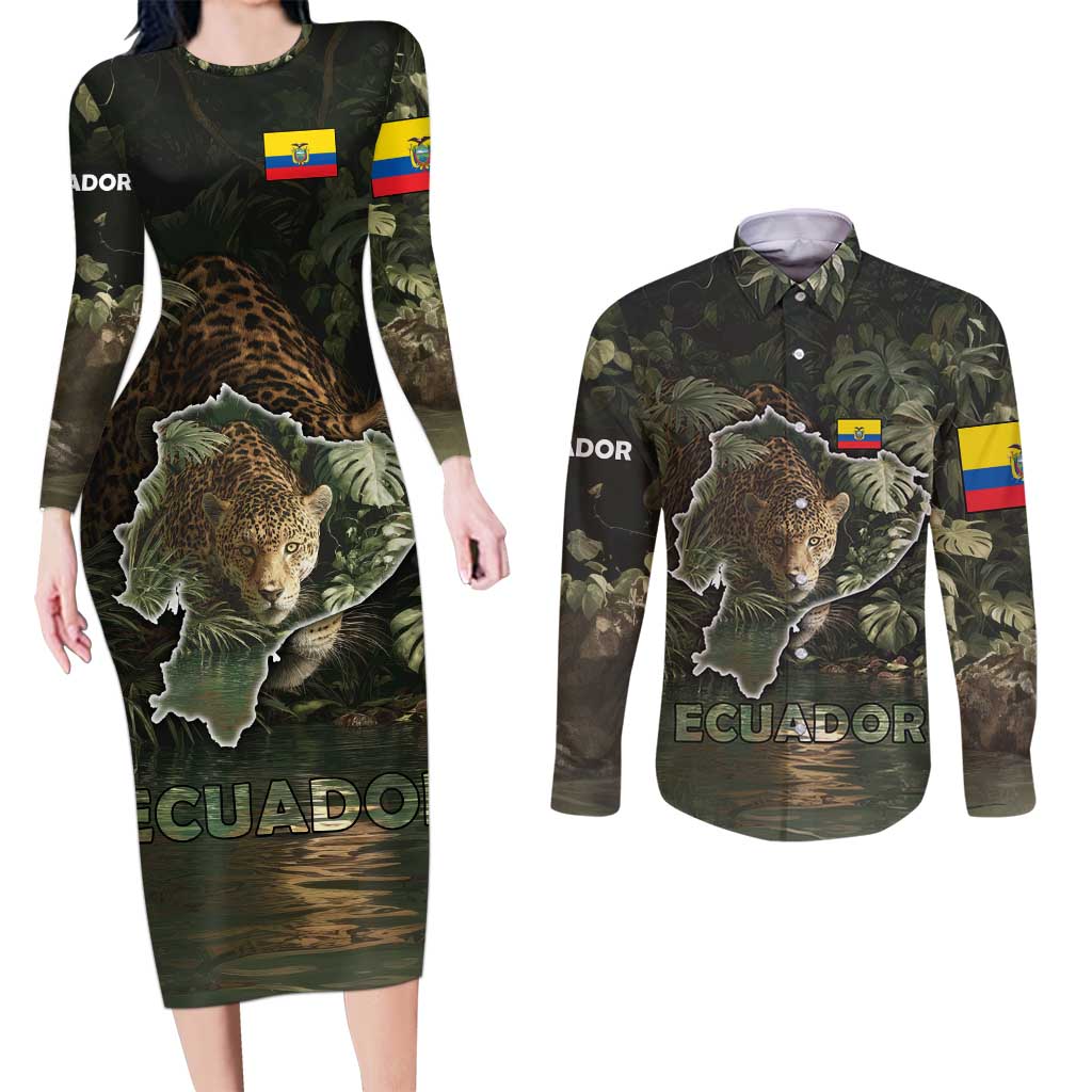 Ecuador Couples Matching Long Sleeve Bodycon Dress and Long Sleeve Button Shirt with Jaguar Rainforest Map Design - Wonder Print Shop