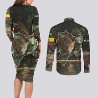 Ecuador Couples Matching Long Sleeve Bodycon Dress and Long Sleeve Button Shirt with Jaguar Rainforest Map Design - Wonder Print Shop