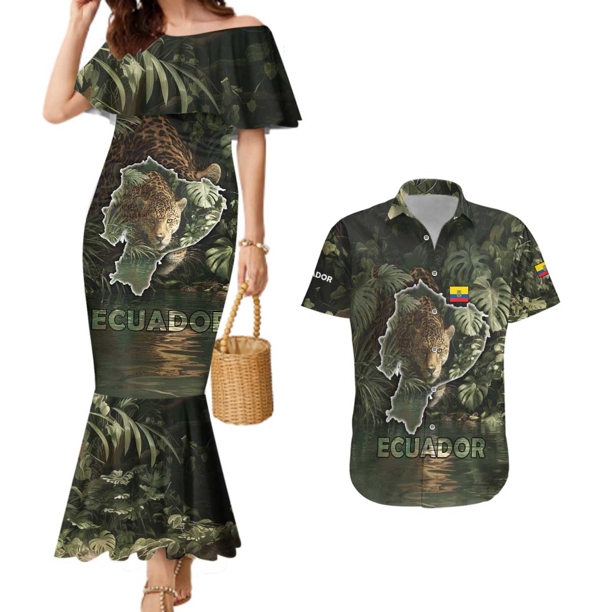 Ecuador Couples Matching Mermaid Dress and Hawaiian Shirt with Jaguar Rainforest Map Design - Wonder Print Shop