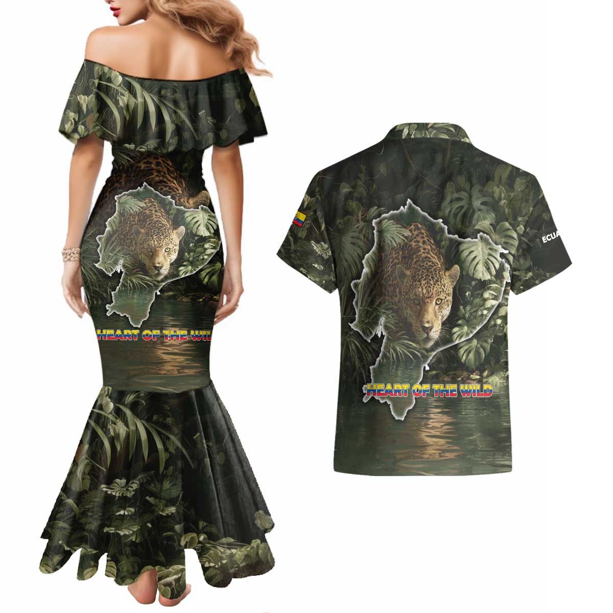 Ecuador Couples Matching Mermaid Dress and Hawaiian Shirt with Jaguar Rainforest Map Design - Wonder Print Shop