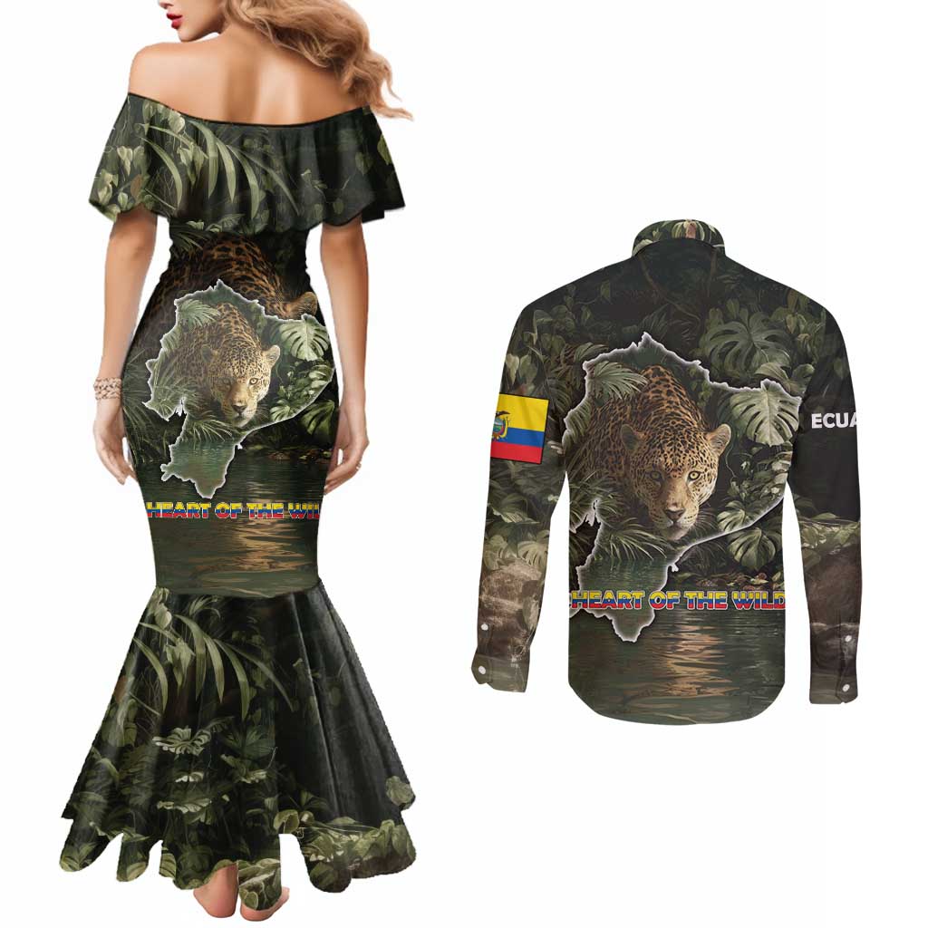 Ecuador Couples Matching Mermaid Dress and Long Sleeve Button Shirt with Jaguar Rainforest Map Design - Wonder Print Shop