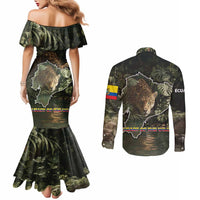 Ecuador Couples Matching Mermaid Dress and Long Sleeve Button Shirt with Jaguar Rainforest Map Design - Wonder Print Shop