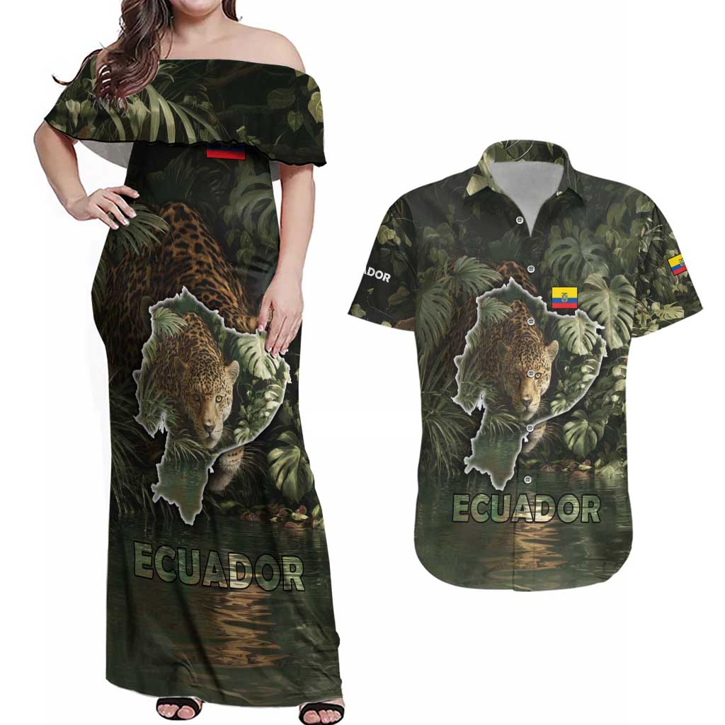 Ecuador Couples Matching Off Shoulder Maxi Dress and Hawaiian Shirt with Jaguar Rainforest Map Design - Wonder Print Shop